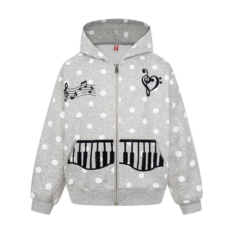Damen Kapuzen-Sweatjacke im Retro-Punkte-Look mit gestickten Klavier-Taschen und Noten-Emblem Shop Nory