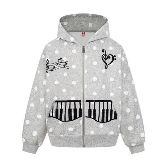 Damen Kapuzen-Sweatjacke im Retro-Punkte-Look mit gestickten Klavier-Taschen und Noten-Emblem Shop Nory