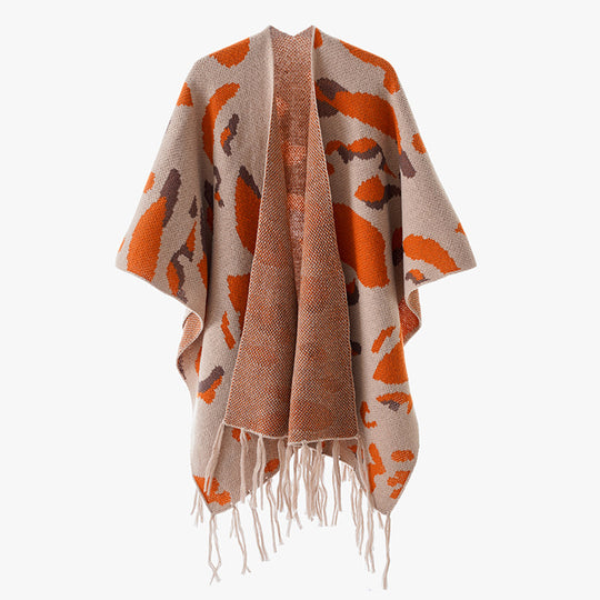 Damen Oversize-Strickponcho mit animalischem Jacquard und Fransensaum Shop Nory