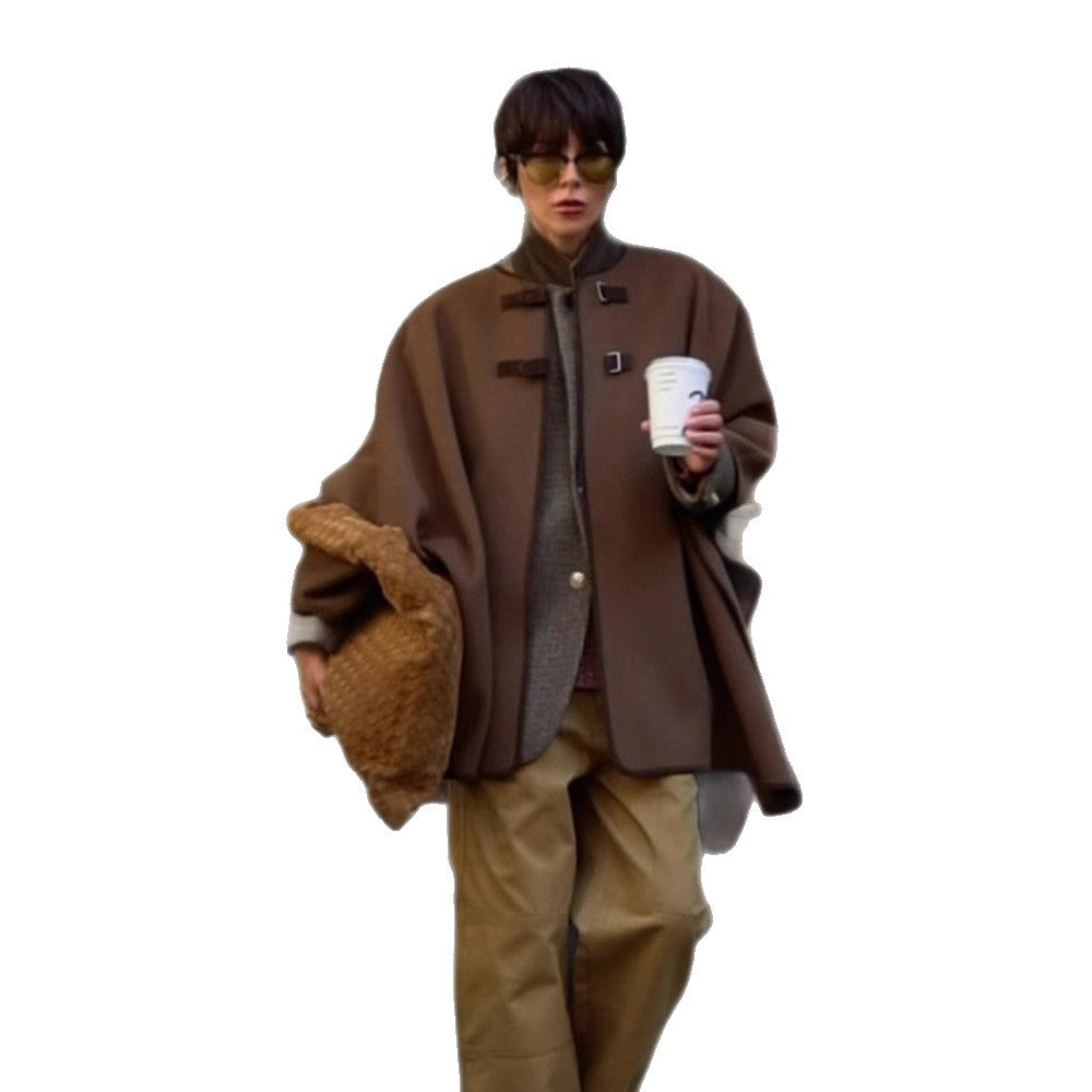 Damen Oversize Cape Mantel aus Wollmix mit hohem Stehkragen und Lederlaschen Shop Nory
