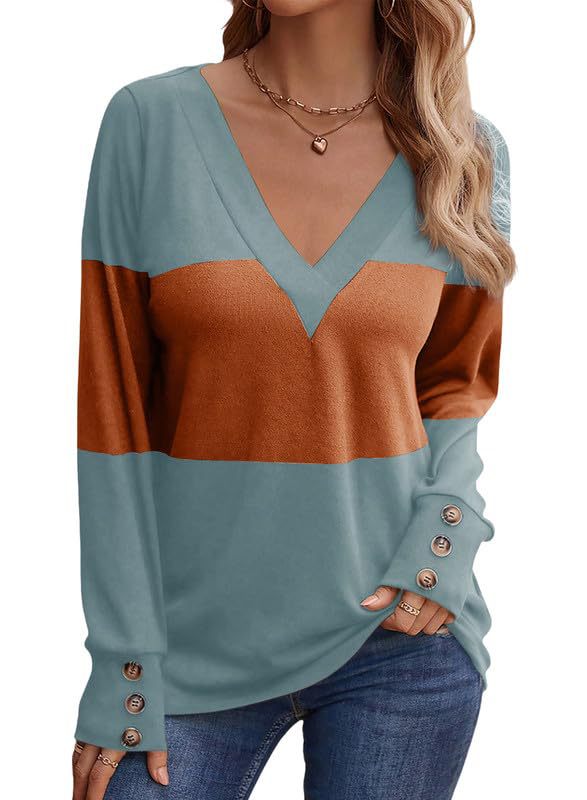 Damen Feinstrick-Pullover mit V‑Ausschnitt, Colorblock und Zierknopf‑Manschetten Shop Nory