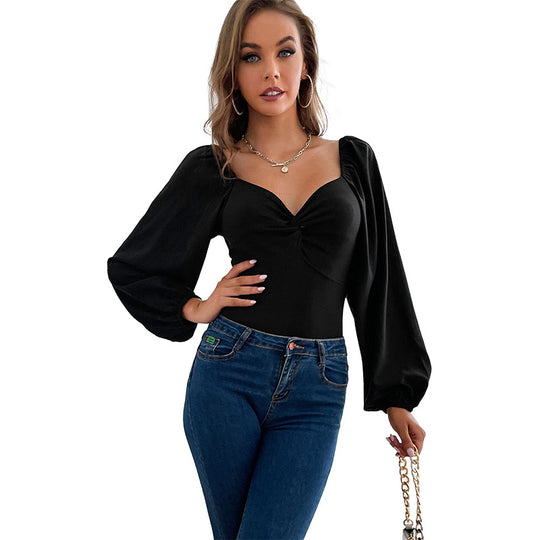 Damen Figurbetonter Langarm-Body mit gedrehtem Bustier und Ballonärmeln Shop Nory