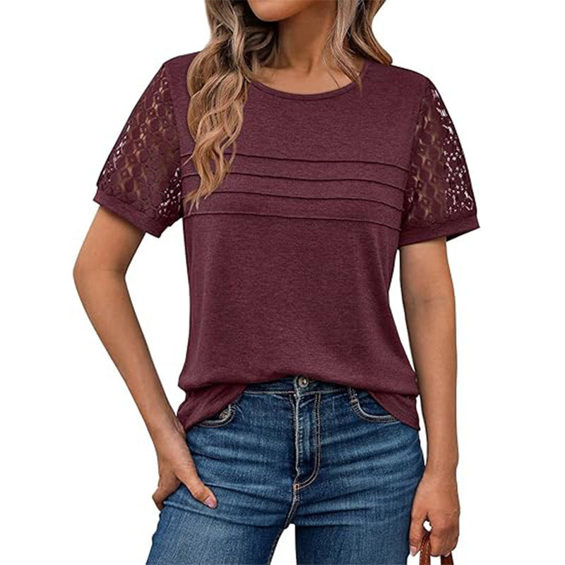 Damen luftiges T-Shirt mit attraktiven Häkelärmeln