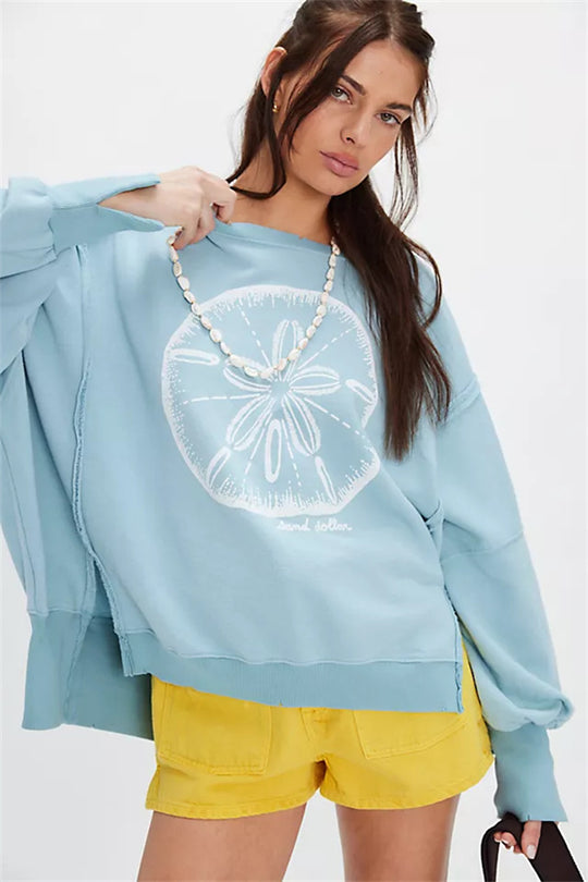 Damen oversized Sweatshirt mit Rüben-Print, ausgefransten Nahtakzenten und Daumenlochärmeln Shop Nory