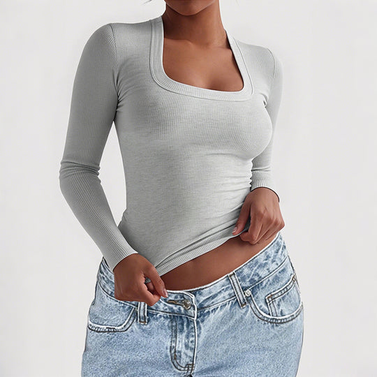 Damen nan figurbetontes Rippstrick-Longsleeve mit tiefem Quadrat-Ausschnitt Shop Nory
