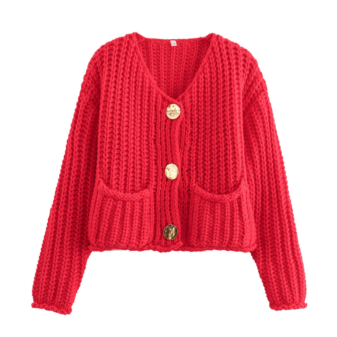 Damen Kurzcardigan im Rippen-Grobstrick mit aufgesetzten Taschen und Statementknöpfen Shop Nory