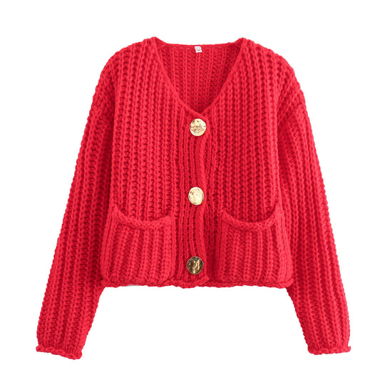 Damen Kurzcardigan im Rippen-Grobstrick mit aufgesetzten Taschen und Statementknöpfen Shop Nory