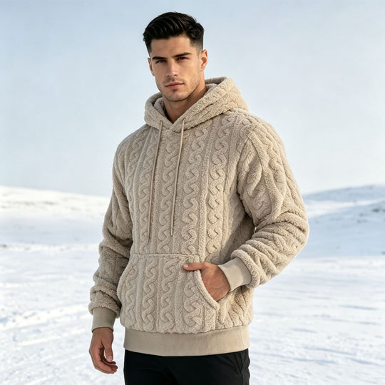 Herren Sherpa-Kapuzenpullover mit Zopfmuster, Kängurutasche und Rippbündchen Shop Nory