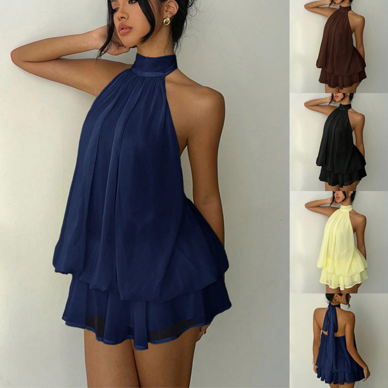 Damen Ärmelloser Chiffon-Playsuit mit hohem Stehkragen, gerafftem Oberteil und Stufen-Shorts Shop Nory