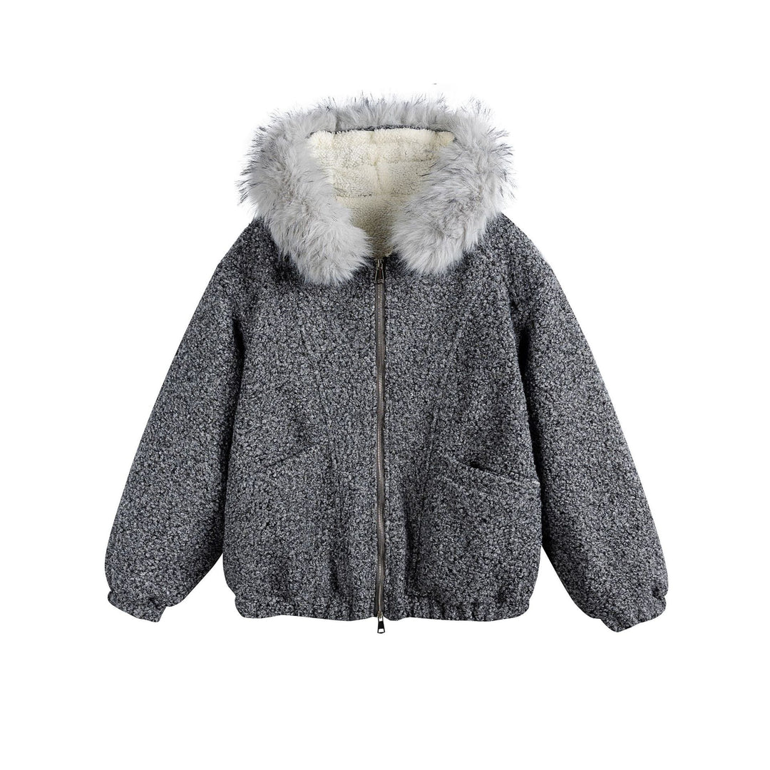 Damen Bouclé-Blousonjacke mit voluminösem Faux-Fur-Kragen und Thermofutter Shop Nory