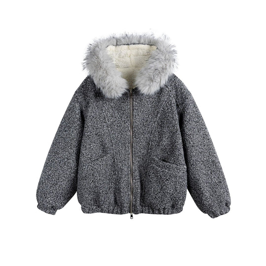 Damen Bouclé-Blousonjacke mit voluminösem Faux-Fur-Kragen und Thermofutter Shop Nory