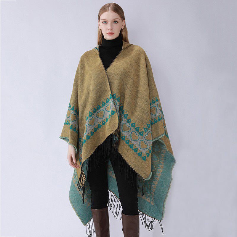 Damen Kapuzen-Capeponcho aus Wollmix mit Herz-Jacquard und Fransensaum Shop Nory