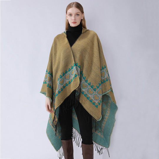 Damen Kapuzen-Capeponcho aus Wollmix mit Herz-Jacquard und Fransensaum Shop Nory
