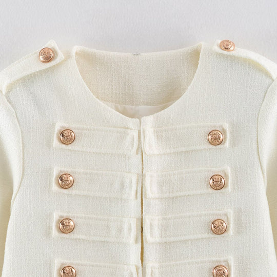 Damen Kurze Bouclé-Jacke im Militärstil mit Zierleisten und goldenen Knöpfen Shop Nory