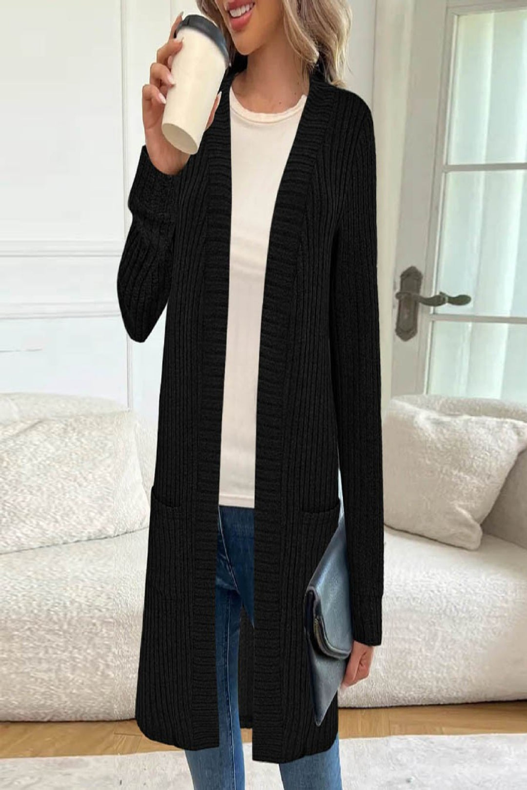 Damen Langer Feinstrick-Cardigan mit Rippenstruktur, offenen Kanten und Eingrifftaschen Shop Nory