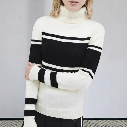 Damen langes Rollkragen Strickkleid mit Sternmotiv, Blockstreifen und elastischem Rippbündchen Shop Nory