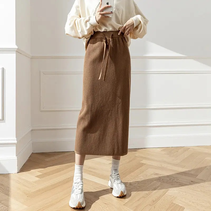 Damen Eleganter Rippstrick-Midirock mit Bindegürtel Shop Nory