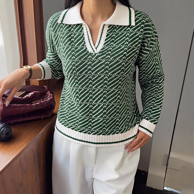 Damen Polokragen-Strickpullover mit V-Ausschnitt und Strukturmuster Shop Nory