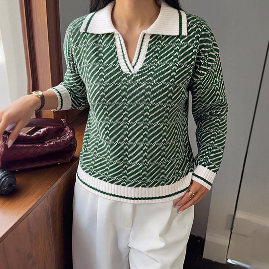 Damen Polokragen-Strickpullover mit V-Ausschnitt und Strukturmuster Shop Nory