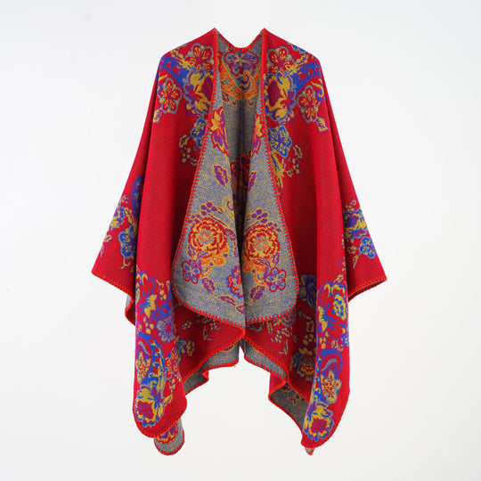 Damen Jacquard-Poncho aus Wollmix mit floraler Musterung und Kettelkante Shop Nory