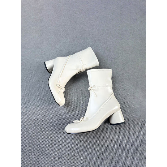 Damen mittelhohe Samtvelours‑Stiefeletten mit runder Zehenpartie, Ziernähten und dekorativen Schleifen Shop Nory