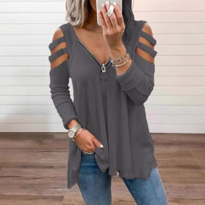 Damen lässiges Oberteil mit modischen Cut-Out-Details und Reißverschluss Shopnory