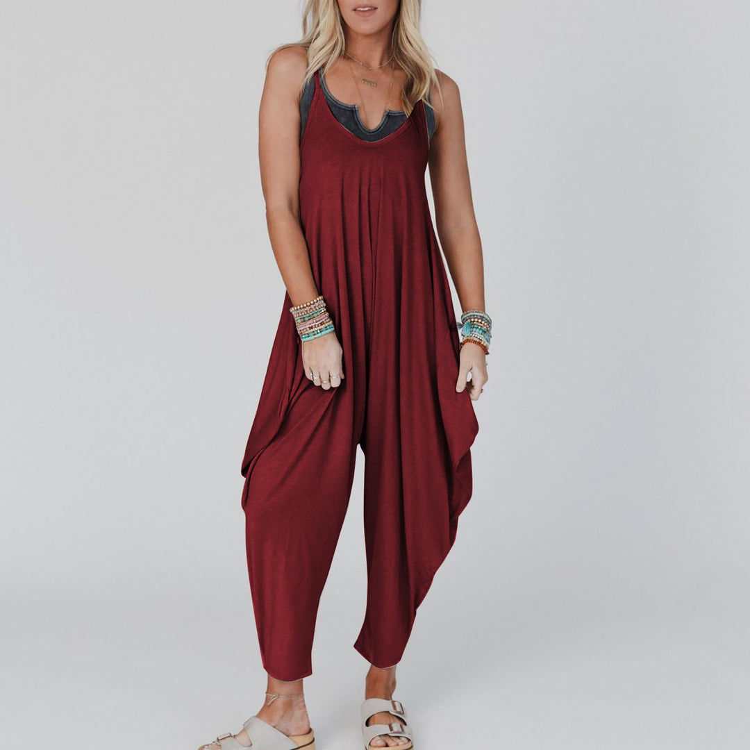 Damen bequemer Jumpsuit mit lässigem Schnitt und tiefem V-Ausschnitt Shopnory