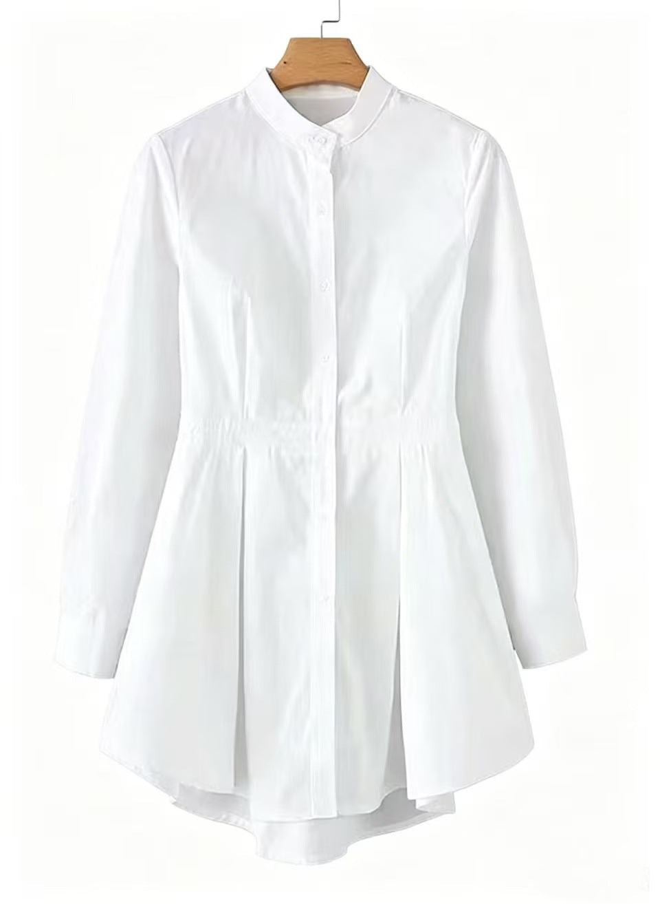 Damen Langärmlige Hemdbluse mit Stehkragen, Taillennaht und ausgestelltem Peplum Shop Nory