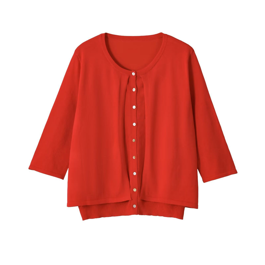 Damen Leichter Dreiviertelarm Knopf-Cardigan mit Rundhals und verlängerter Rippenblende Shop Nory