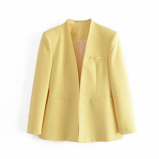 Damen Taillierter Blazer ohne Revers mit offener Front und Paspeltaschen Shop Nory