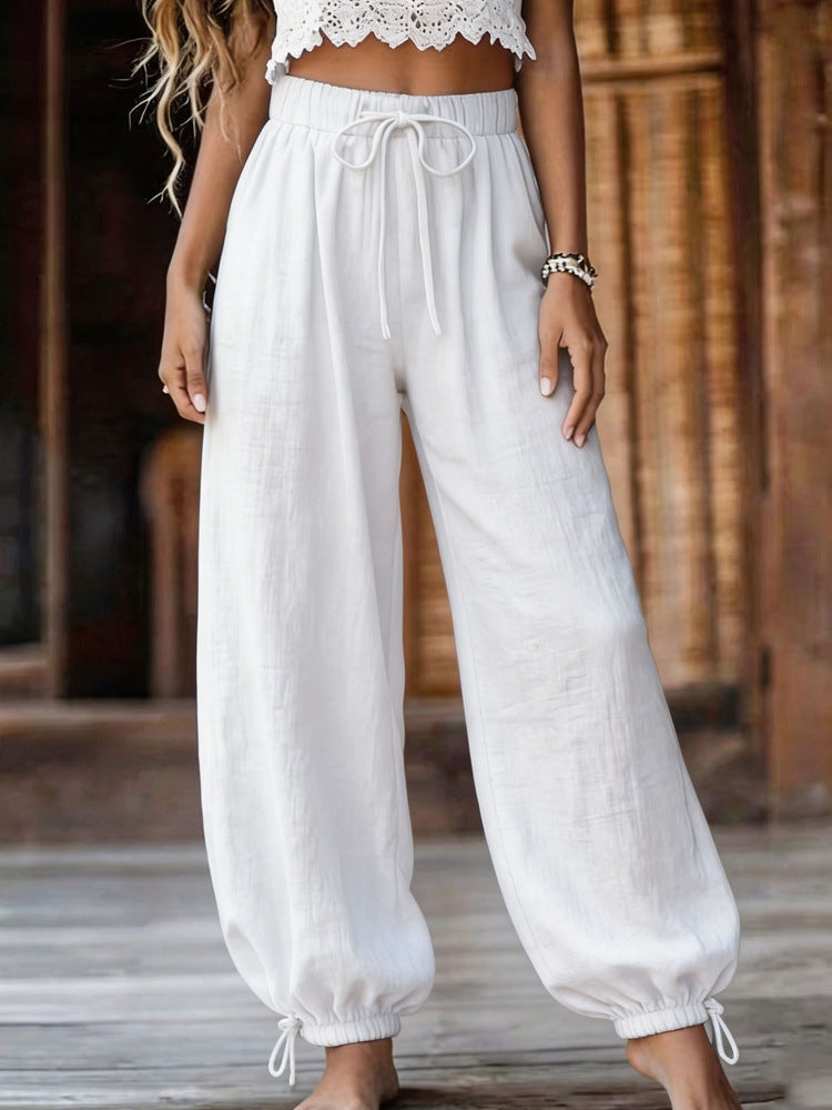 Damen Leichte Leinenhose mit weitem Bein und elastischem Bund Shop Nory