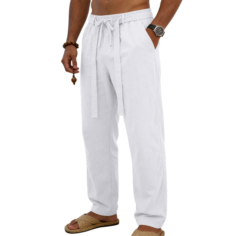 Herren nan leichte Leinen-Loungehose mit elastischem Tunnelzug, dekorativer Bundfalte und geradem Bein