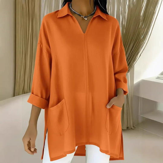Damen Oversize-Tunika mit Hemdkragen, V-Ausschnitt und aufgesetzten Taschen Shop Nory
