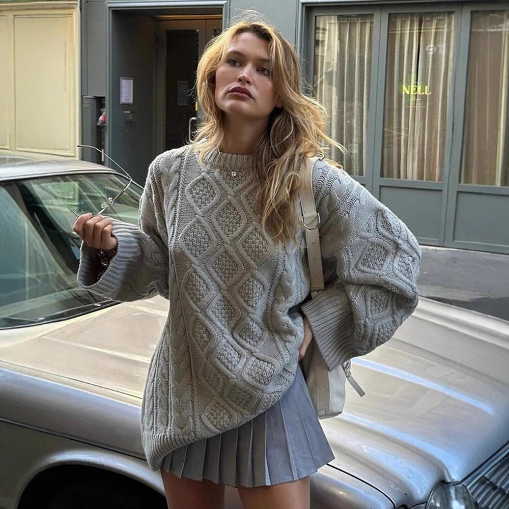 Damen Oversize Strickpullover mit Zopfmuster und Rippbündchen Shop Nory