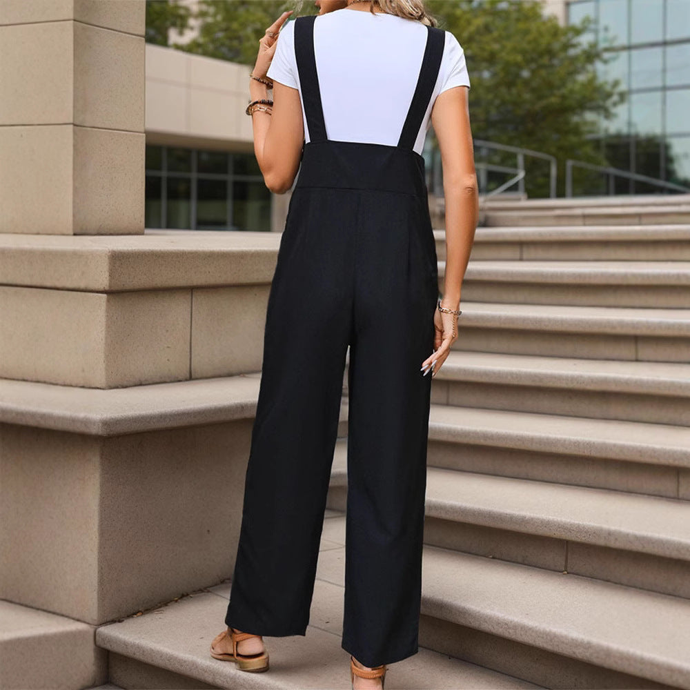 Damen Weichfallender Latz-Jumpsuit mit weitem Bein und Holzknopf‑Verschluss Shop Nory