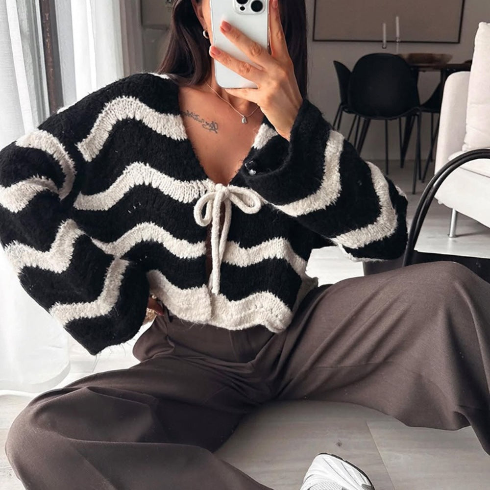 Damen Kuscheliger Kurz-Cardigan mit Zickzack-Textur, BindShop Noryand & Oversize-Ärmeln Shop Nory