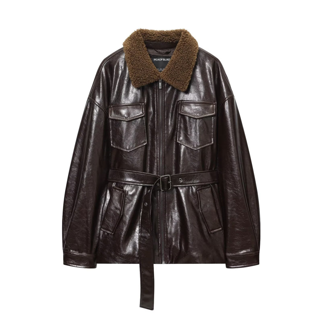 Damen Oversized Lederimitat-Jacke mit Teddykragen und Taillengürtel Shop Nory