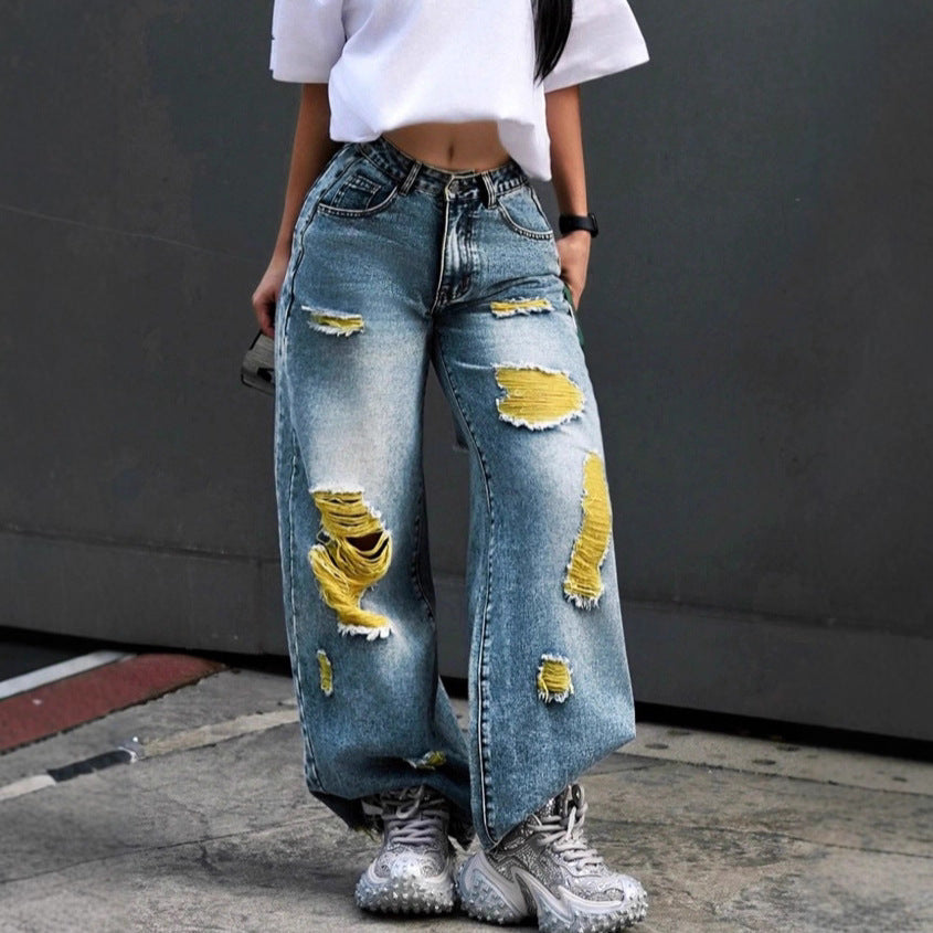 Damen weite High-Waist Jeanshose mit Destroyed-Details und kontrastierendem Unterfutter Shop Nory