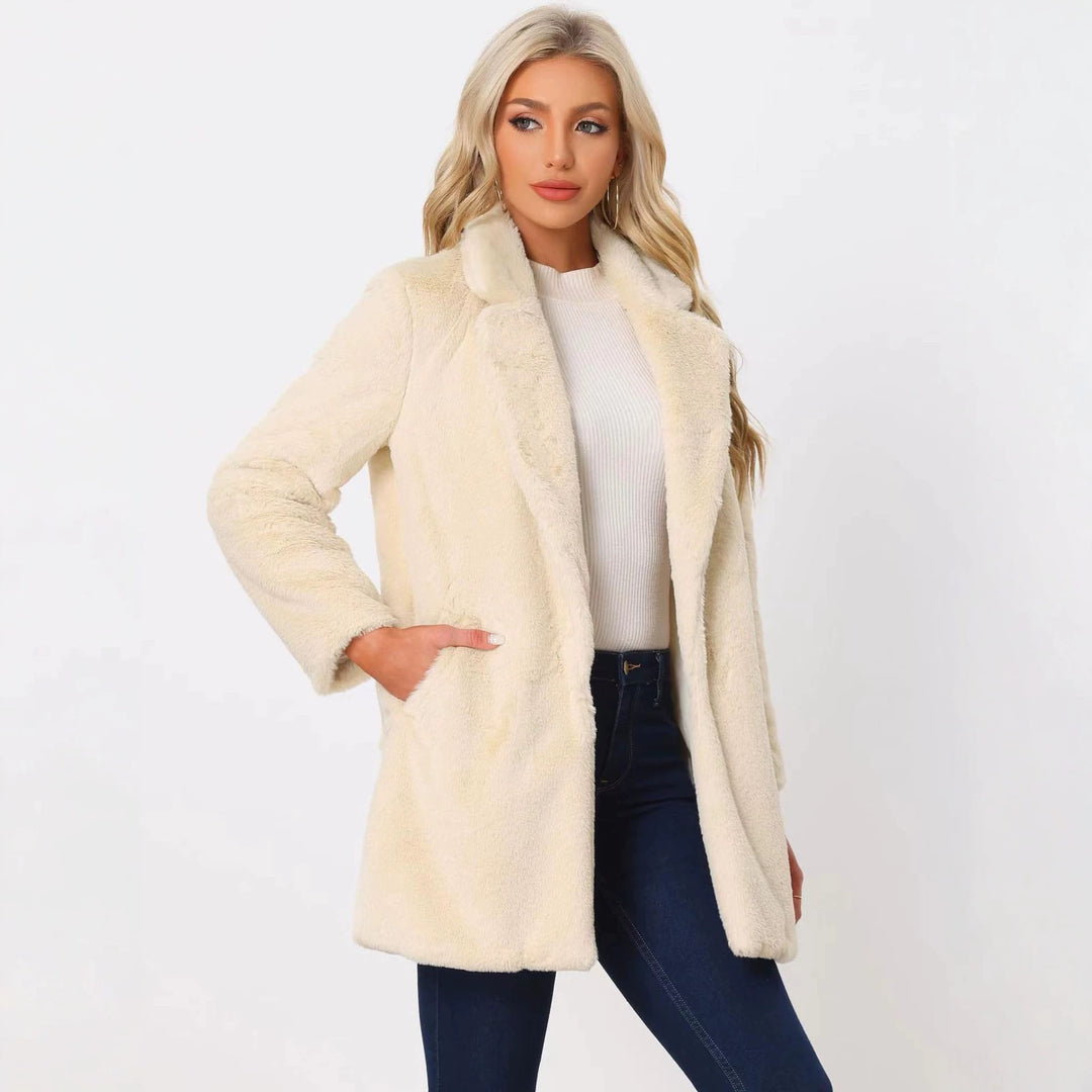 Damen Midilanger Kunstpelz‑Mantel mit softem Schalkragen und Eingrifftaschen Shop Nory