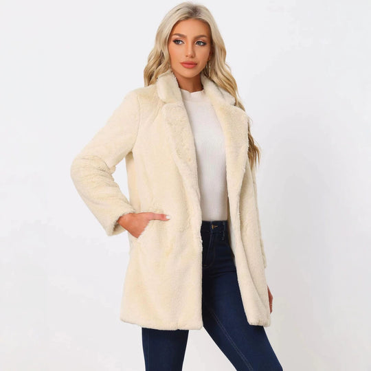 Damen Midilanger Kunstpelz‑Mantel mit softem Schalkragen und Eingrifftaschen Shop Nory