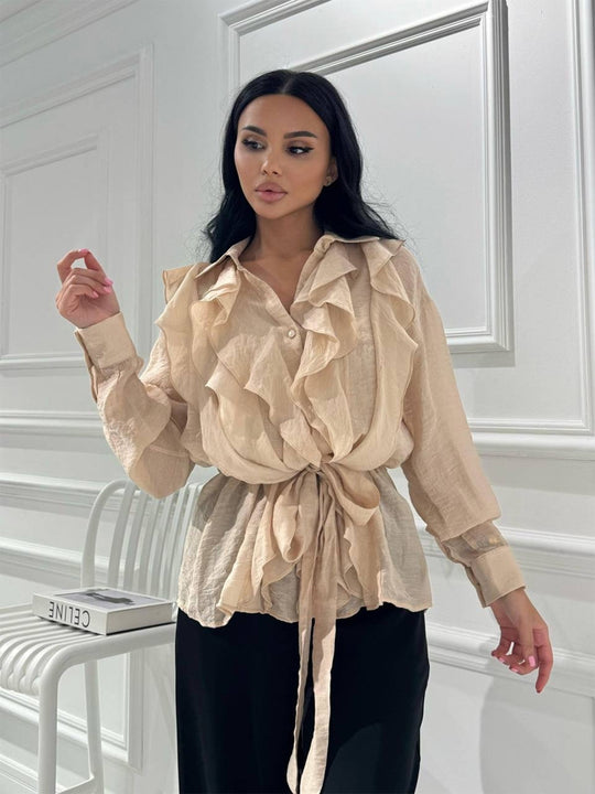 Damen Rüschige Chiffon‑Bluse mit Bindegürtel und Volants Shop Nory