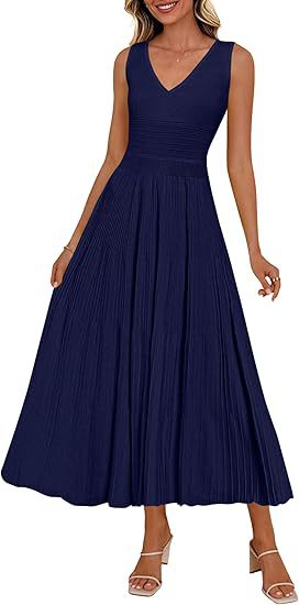 Damen Plisseekleid mit V-Ausschnitt und weitem Saum Shopnory