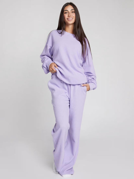 Damen geräumiges Waffelstrick-Loungewear-Set mit Rundhalsausschnitt und Tunnelzughose Shop Nory