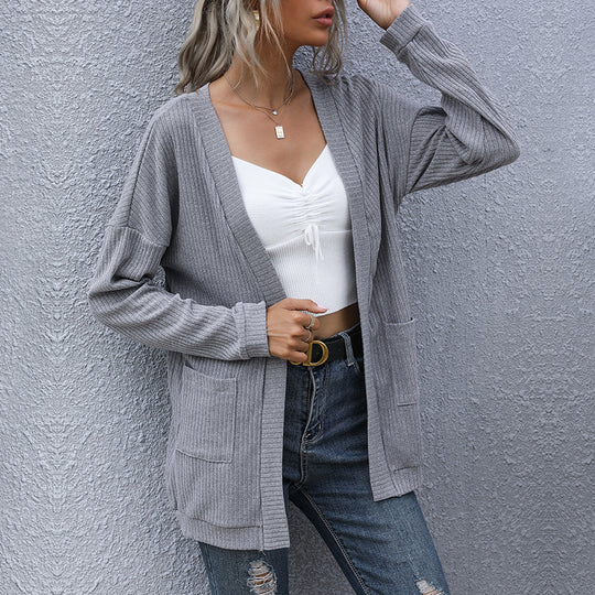Damen lässiger gerippter Strickcardigan mit Taschen und offenem Schnitt Shop Nory