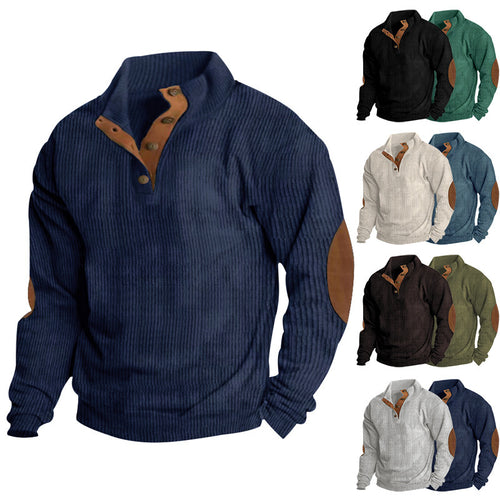 Herren nan gerippter Pullover mit Henley-Kragen und Leder-Ellbogenpatches Shop Nory