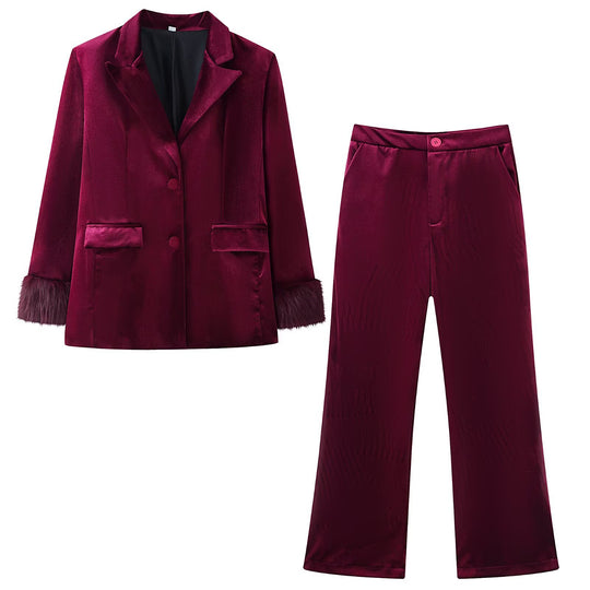 Damen Taillierter Samt-Blazer mit Kunstfellmanschetten und Pattentaschen Shop Nory