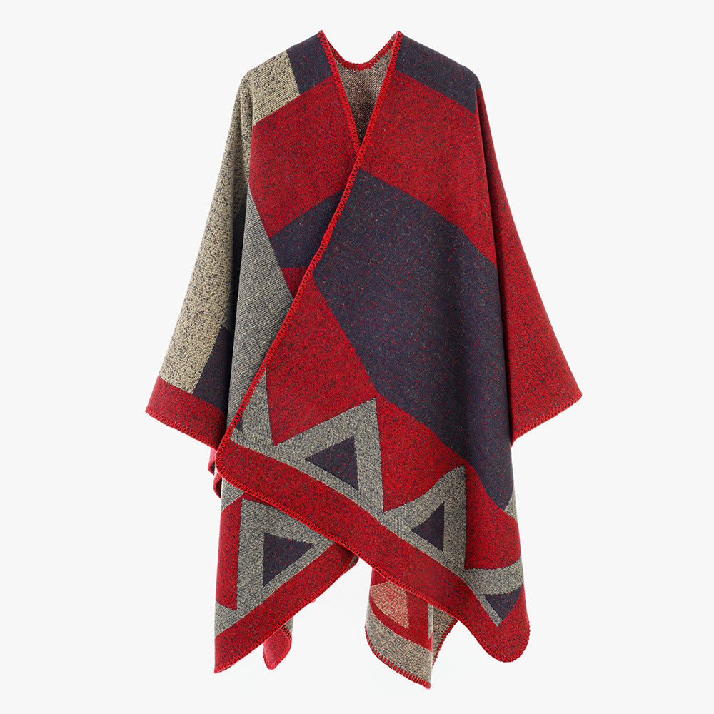 Damen Vielseitiger Wollmix-Überwurfponcho mit geometrischem Jacquard und offener Front Shop Nory