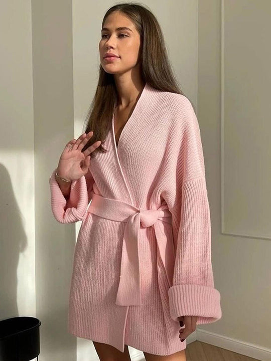 Damen Oversize Strickmantel mit Bindegürtel und geripptem Feinstrick Shop Nory