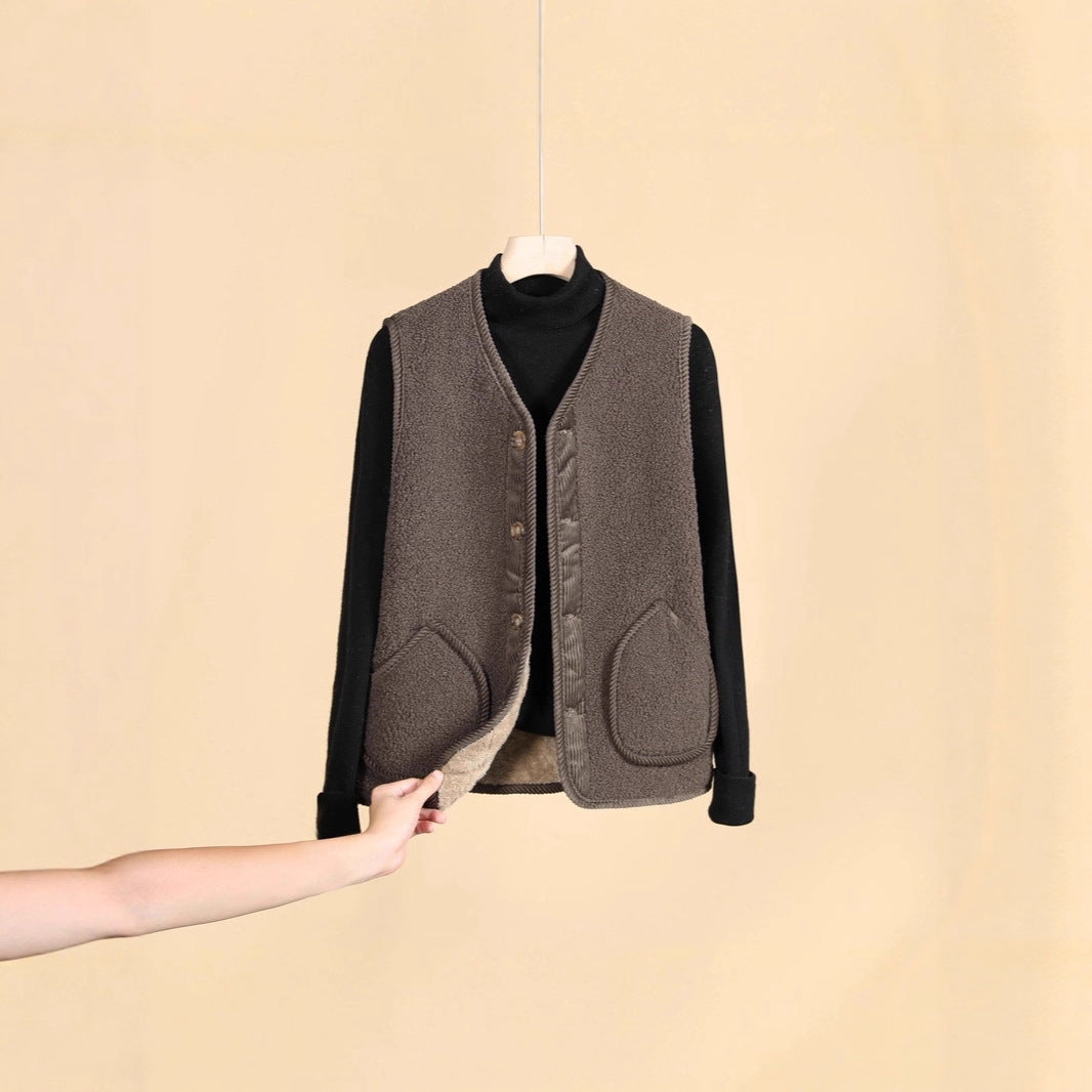Damen Ärmellose Thermofleece-Weste mit Knopfleiste und Rundtaschen Shop Nory