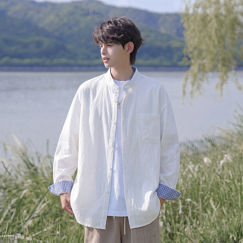 Herren Oversize-Hemd aus leichtem Baumwollmix mit Mandarinkragen und Brusttasche Shop Nory